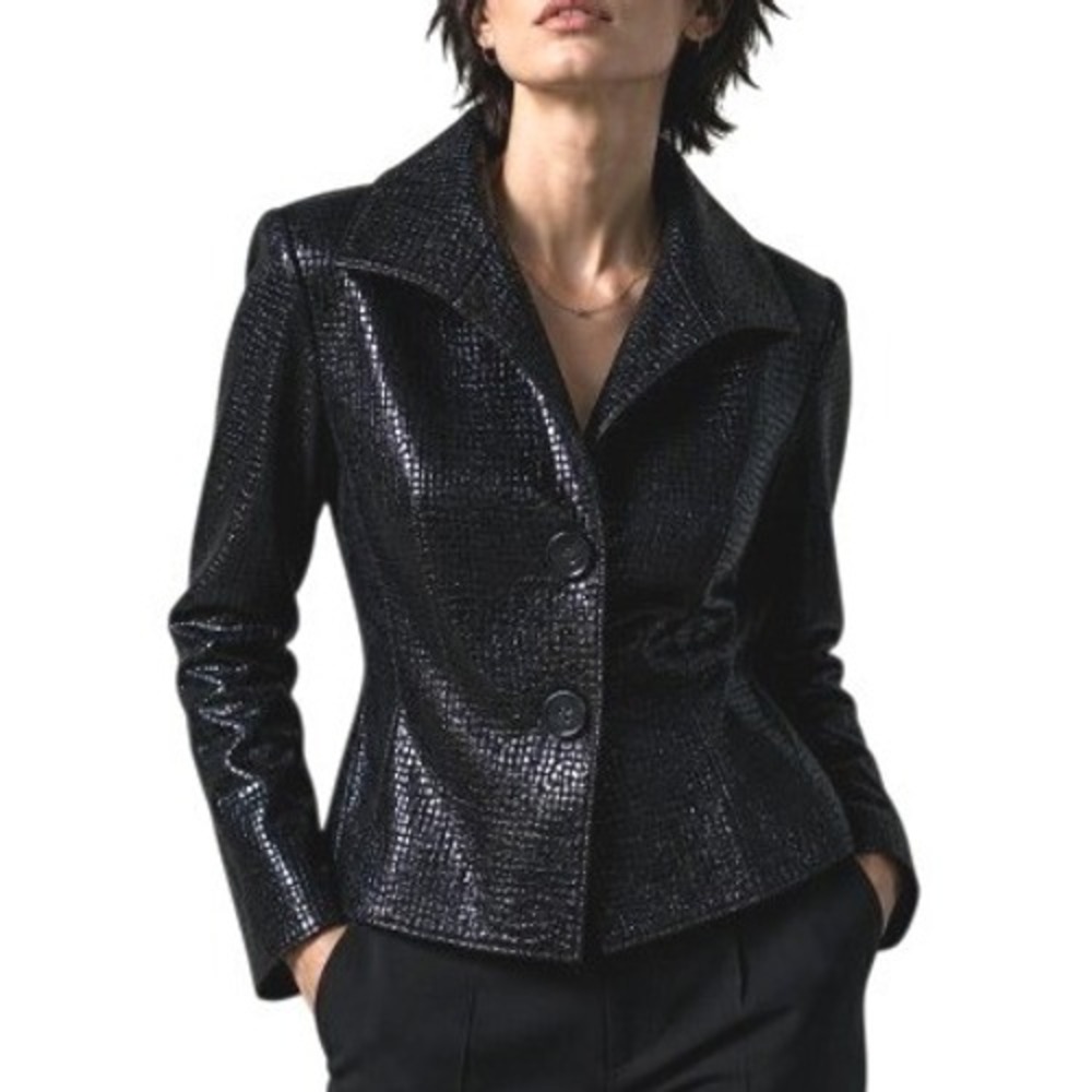 Chico's Black Leather Shiny Snakeskin Pattern Jacket Blazer 2